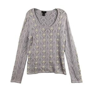 Womens Knit Sweater Pullover Lilac Floral Embellished XL Pearl-Like Beads